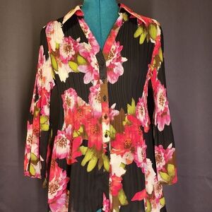 Floral Button-Up Blouse - Black and Pink